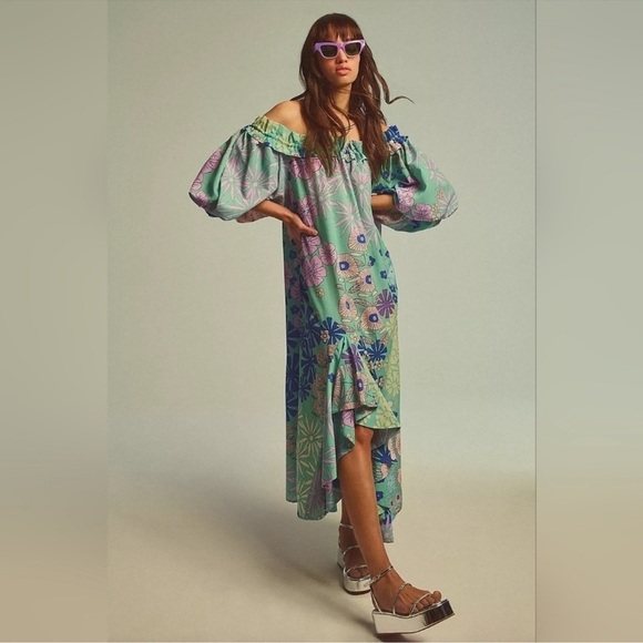 NWT Anthropologie x Oopscool Off-The-Shoulder Printed Dress, Size XS - Picture 4 of 10